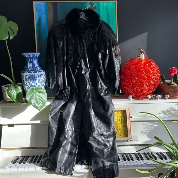Vintage 80s Leather Cocoon Maxi Coat/ Unisex Leather Long Jacket w Fur Collar - Picture 1 of 16
